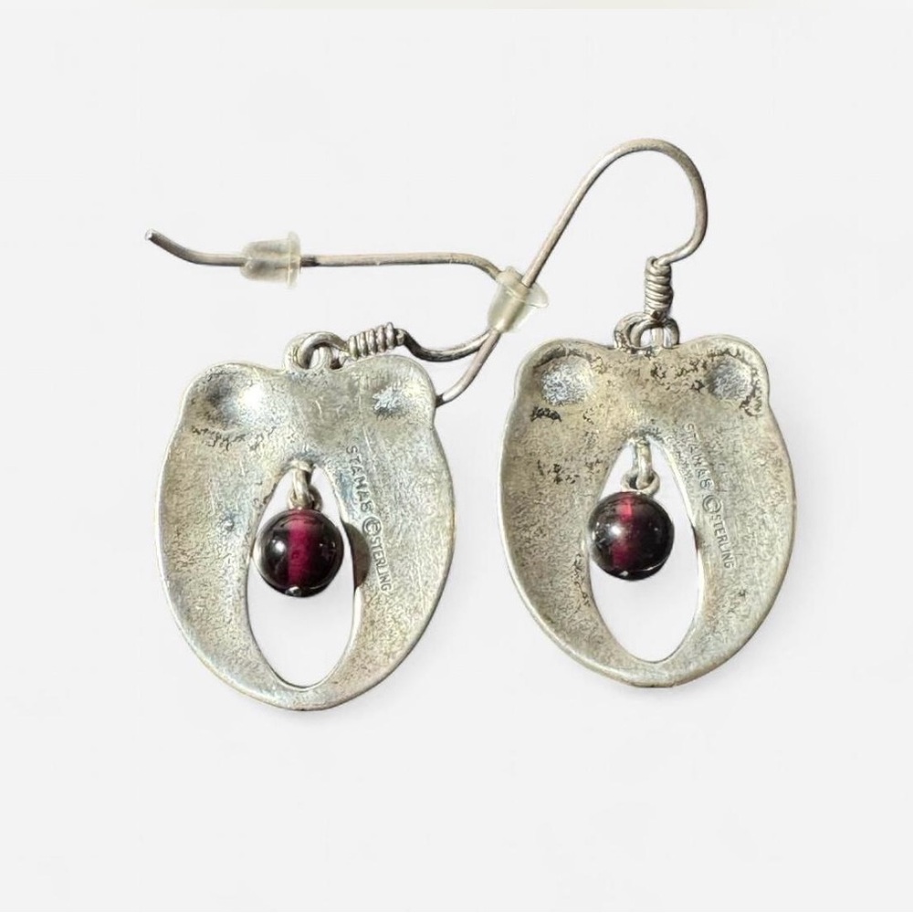 Vintage Steven Stamas Art Nouveau Sterling Silver Earrings with Garnet Beads - Picture 2 of 4